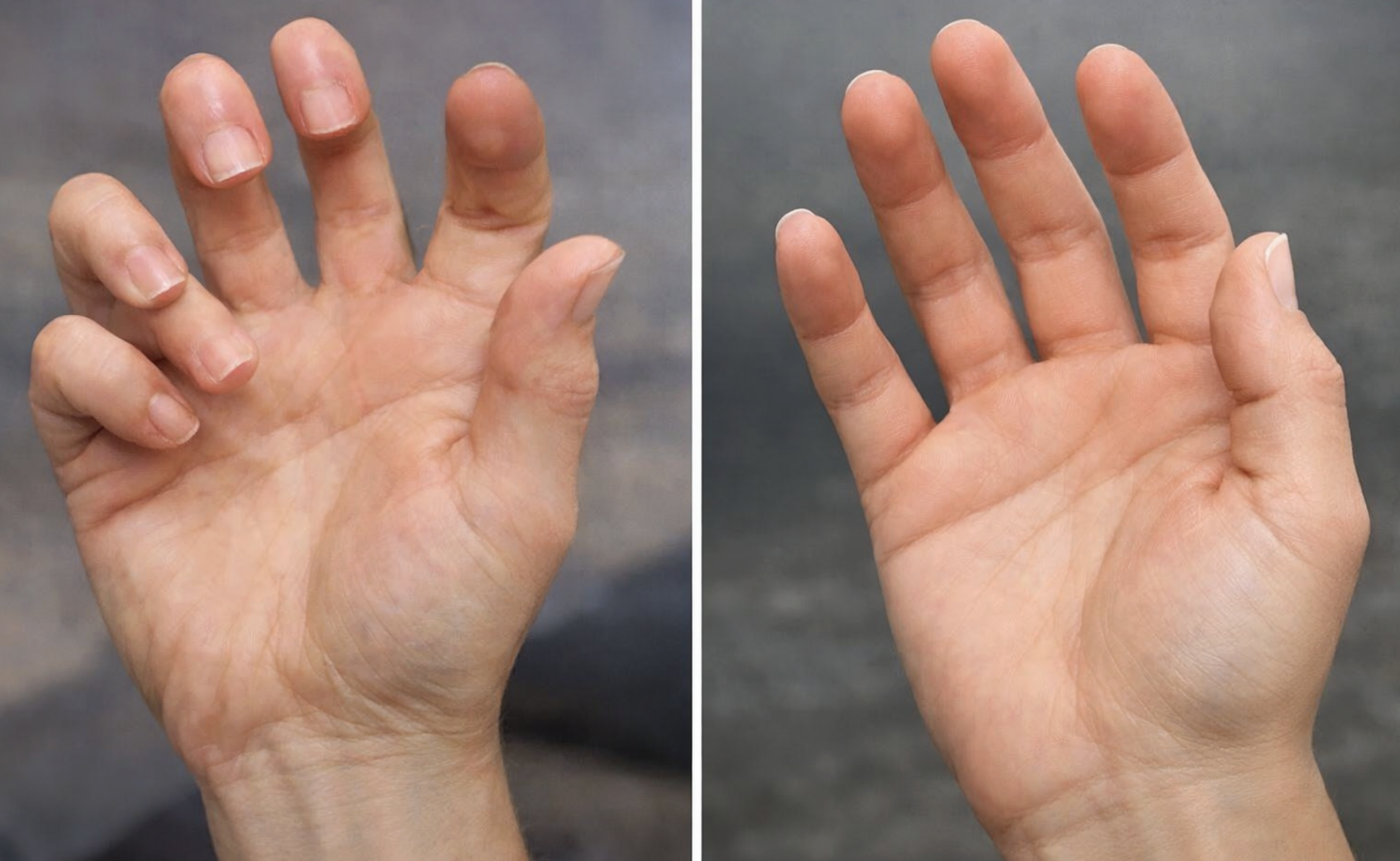 An AI generated hand with 6 fingers and a thumb and a second AI generated hand with 4 fingers and a thumb